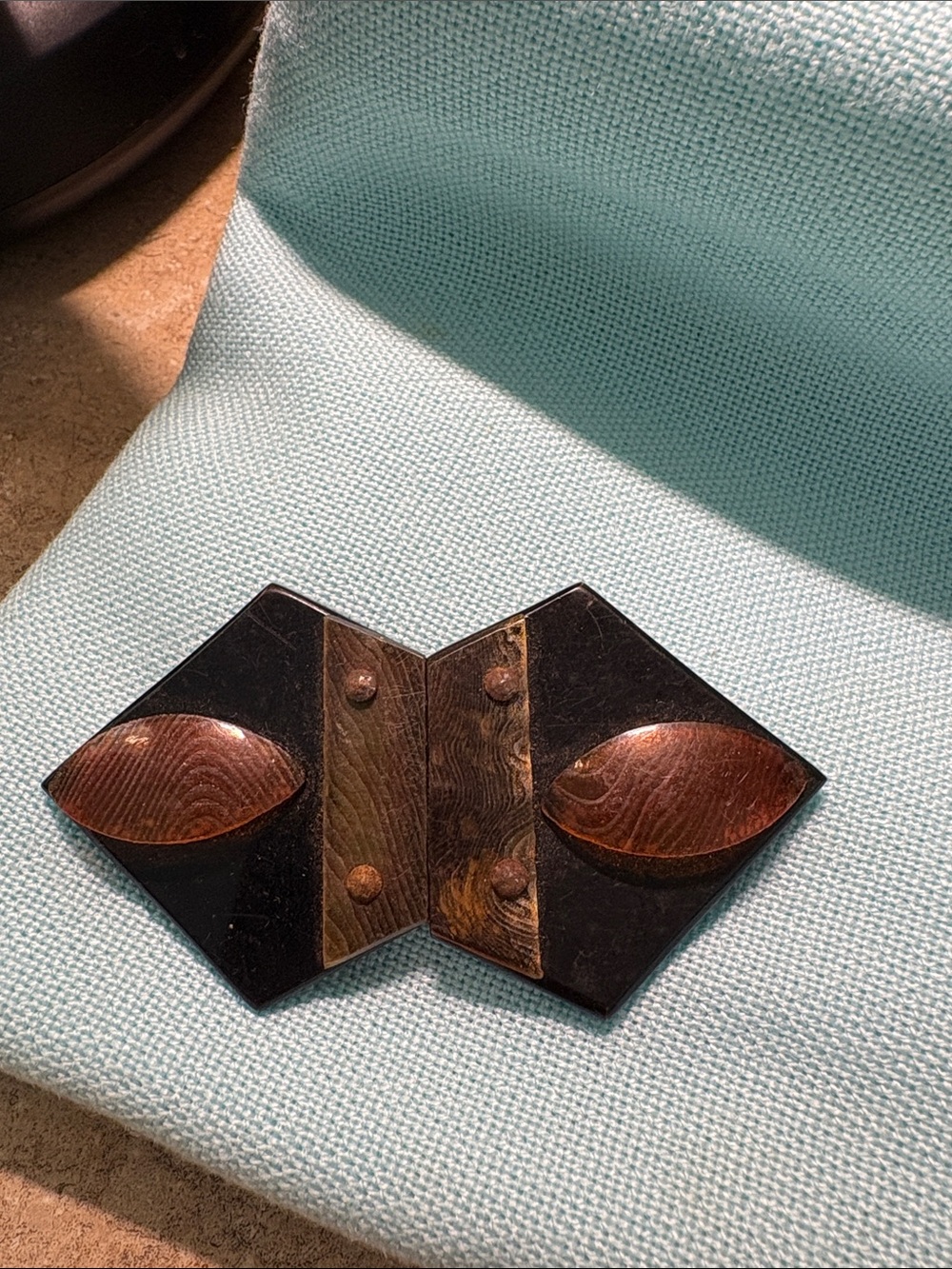 Vintage Beautiful Geometric Metal Belt Buckle - Black & Copper Bakelite